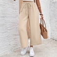 thumbnail image 5 of Women Linen Pants Summer Wide Leg Cropped Palazzo Pants Drawstring High Waisted Beach Lounge Trousers with Pockets,S, 5 of 6