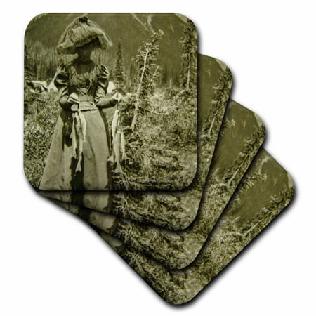 3dRose Victorian Woman Fishing Trout American West Colorado Mountains - Soft Coasters, set of