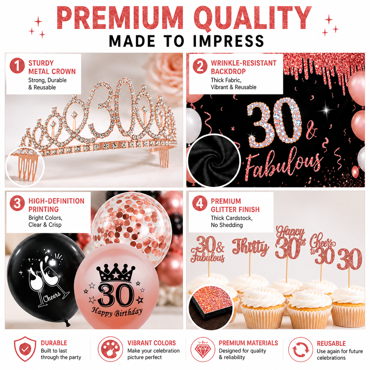 Happy Greetings 30th Birthday Party Kit, Rose Gold & Black, 45-Piece photo 3