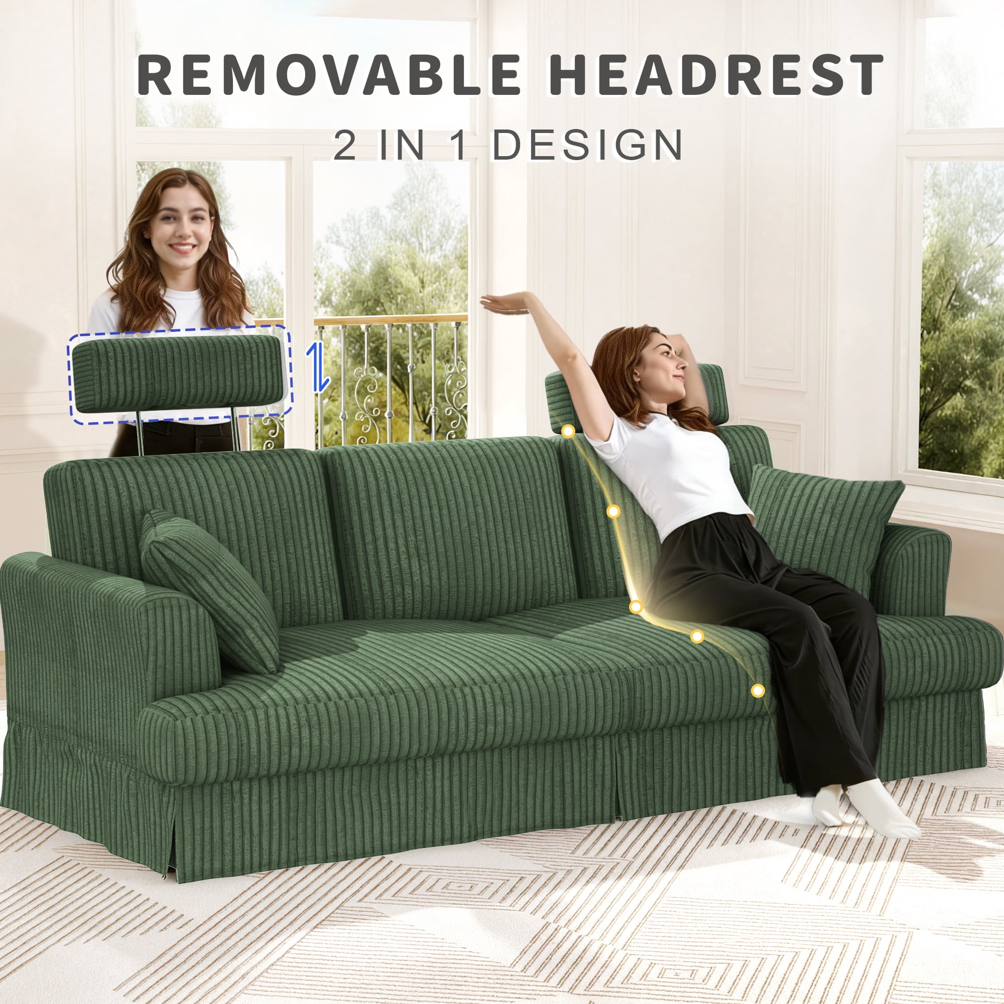 87.5" Corduroy Sofa Couch for Living Room, 3 Seater Sofa in a Box, Headrest, 2 Pillows,Green