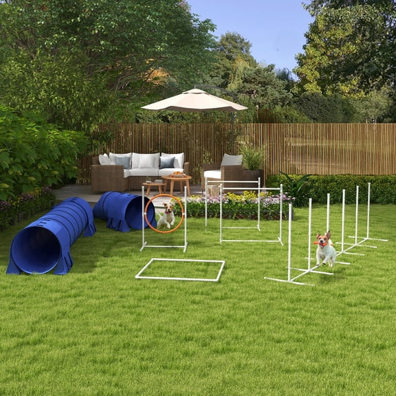 PawHut 7 Piece Dog Agility Training Equipment W/ Tunnels, Weave Poles