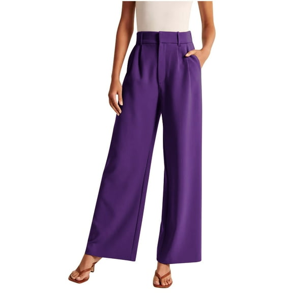 FAIWAD Wide Leg Suit Pants for Women High Waisted Elastic Dress Pants Office Work Business Straight Pants (X-Large, Purple)