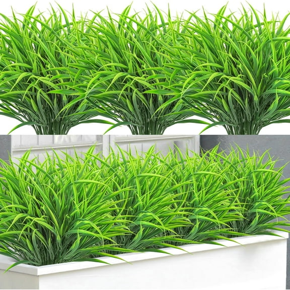 10 Bundles Artificial Plants Outdoor Fake Grass Greenery Stems UV Resistant Faux Plastic Plants Shrubs for Spring Summer Home Garden Pathway Window Box Front Porch Decor, Green