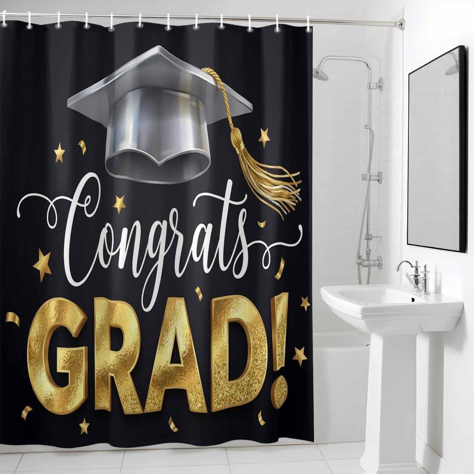 Graduate Season Shower Curtain, Congrats Grad Bachelor's Cap Celebration Black Waterproof Shower Curtain Set with 12 Hooks Lightweight Bath Curtains Fabric Bathroom Decor 72x78 Inches
