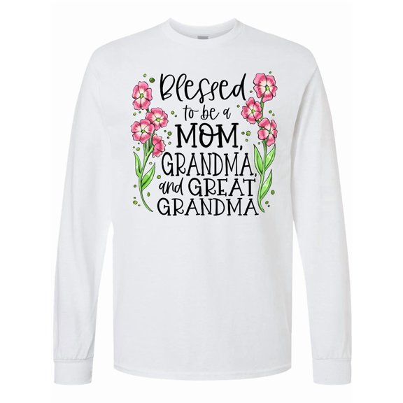Inktastic Blessed to Be a Mom, Grandma, and Great Grandma Pink Flowers Long Sleeve T-Shirt