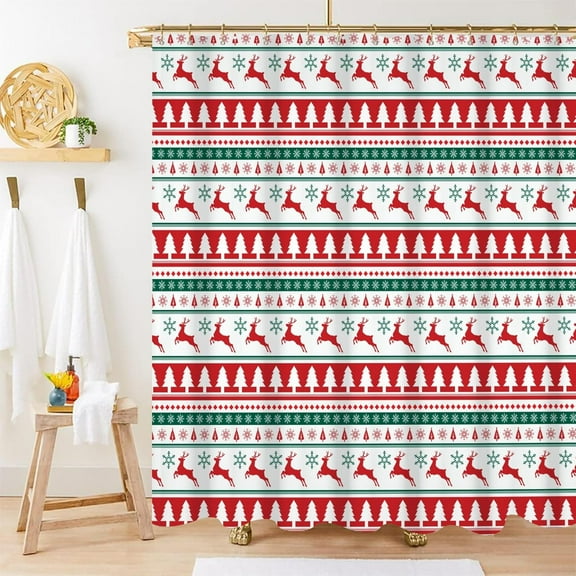 Christmas Shower Curtain, Green and Red Stripes Xmas Shower Curtain Cute Deer with Snowflake Shower Curtain with Hooks for New Year Bathroom Decor, 84x72 Inch