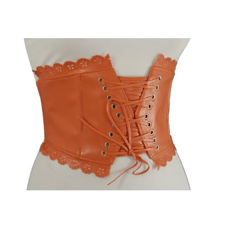 wide corset belt stretch orange extra faux leather flowers