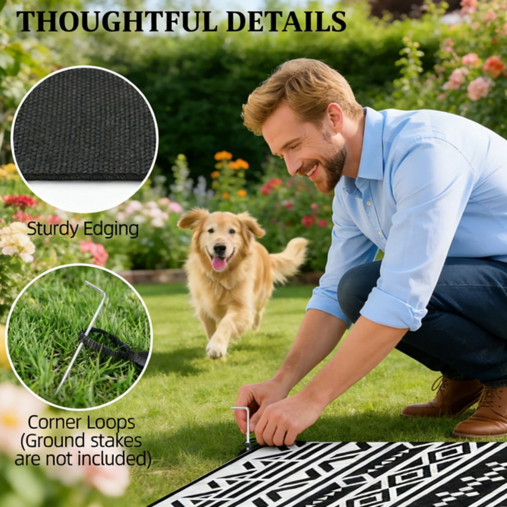 Reversible Outdoor Rug, Foldable Polypropylene Camping Picnic RV Mat with Carry Bag, Fade & Sun Resistant Waterproof Floor Mat