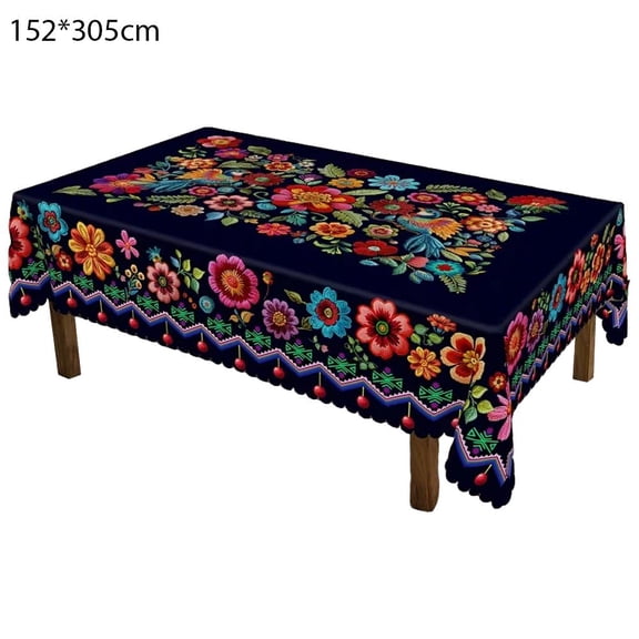 Mexican Folk Art Tablecloth, Vibrant Floral Print Waterproof Polyester Dining Table Cover, Rectangle & Round Sizes