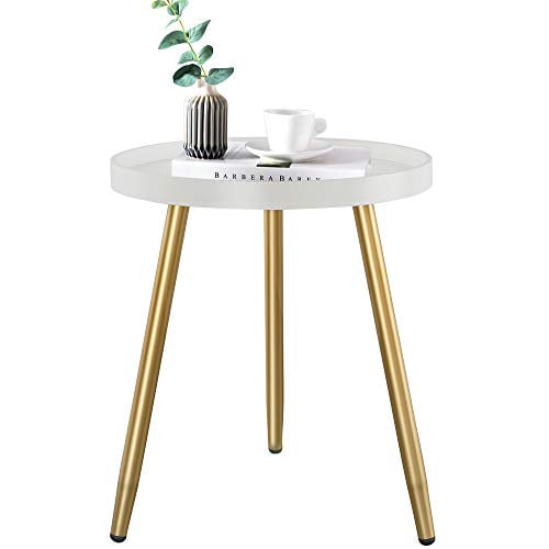 Round Side Table Wooden Tray With Metal Tripod Stand 3 Gold Legged White Accent For Living Room Bedroom Office Small Spaces 18 H X 15 D Com Round Side Table Wooden Tray, 3 Legged Round Side Table