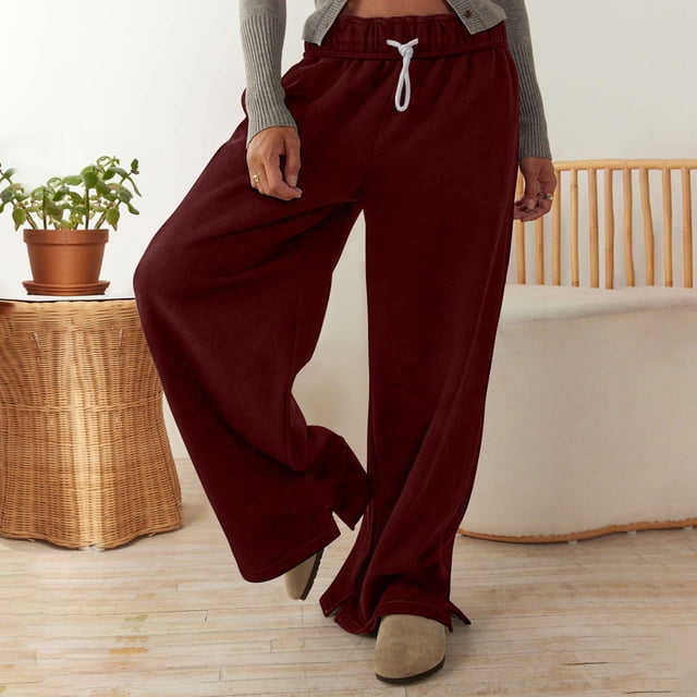AherBiu Wide Leg Pants for Women Fleece Lined Drawstring Elastic Waisted Solid Color Pants Fall Winter Wide Leg Yoga Pants
