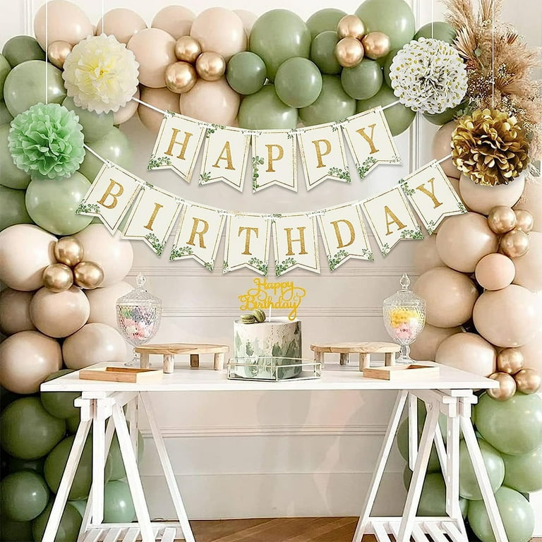 Fangsheng Sage Green Birthday Party Decorations Sage Green and Gold  Balloons Eucalyptus Retro Olive Green, White Happy Birthday Banner Gold  Foil Birthday Background for Girls Women Baby 