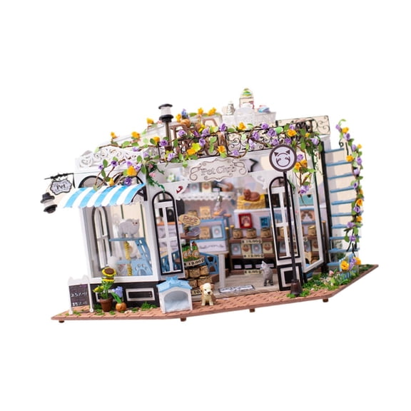 JWQFBC DIY Miniature House Kits Pet Club with Furniture DIY Craft Woodcrafts with Light