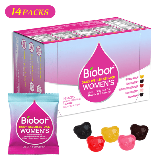 Biobor Women's Daily Nutrition Gummy Pack, 5 in 1 Multivitamin Wellness for Bones/Immunity Support/Stress Relief/Beaty Glow