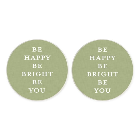 Be Happy Bright Sage Green 2.75 x 2.75 Absorbent Ceramic Car Coasters Pack of 2