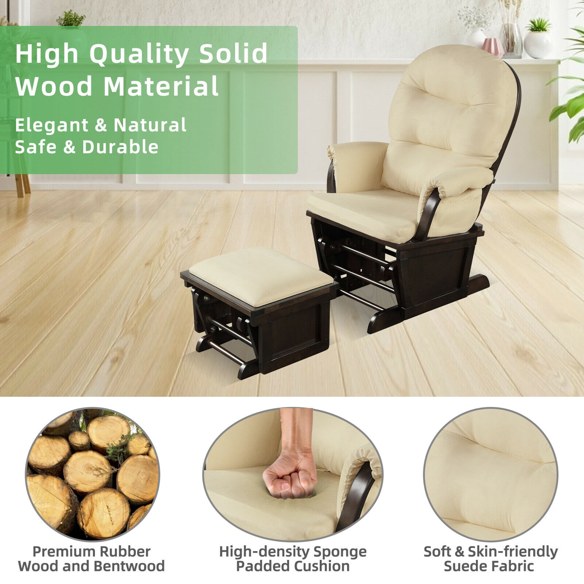 Gymax Wood Glider & Ottoman Cushion Set Baby Nursery Rocking Chair Beige