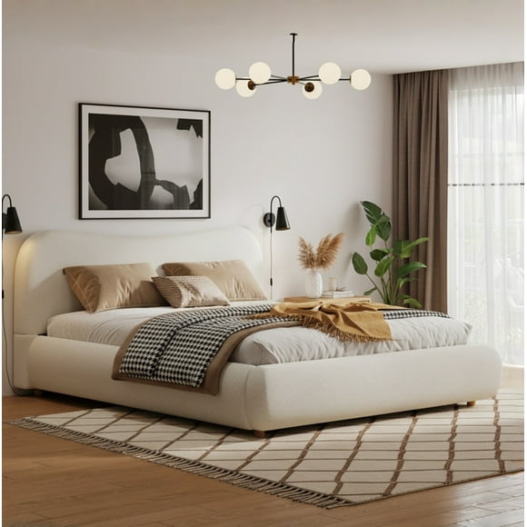 Noble House Queen Platform Bed, Boucle Upholstered Frame with Curved Headboard, Low Profile, White