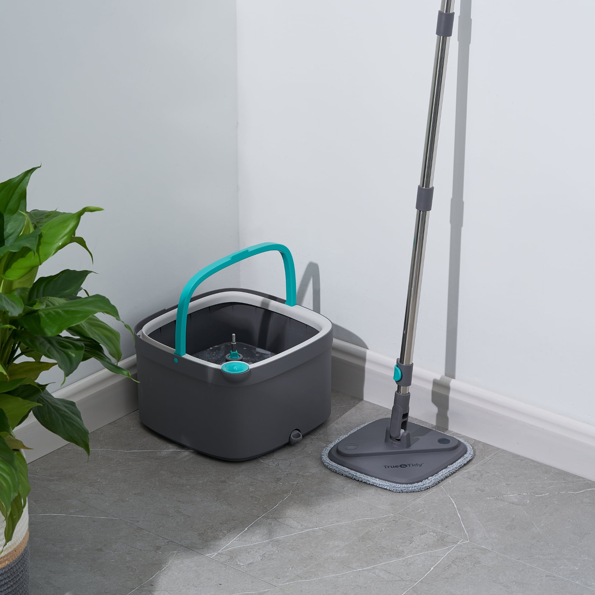 True Clean Spin Mop and Bucket System with Clean Water Separation, Self Cleaning Two Microfiber Floor Mop for Vinyl & Tile, Gray
