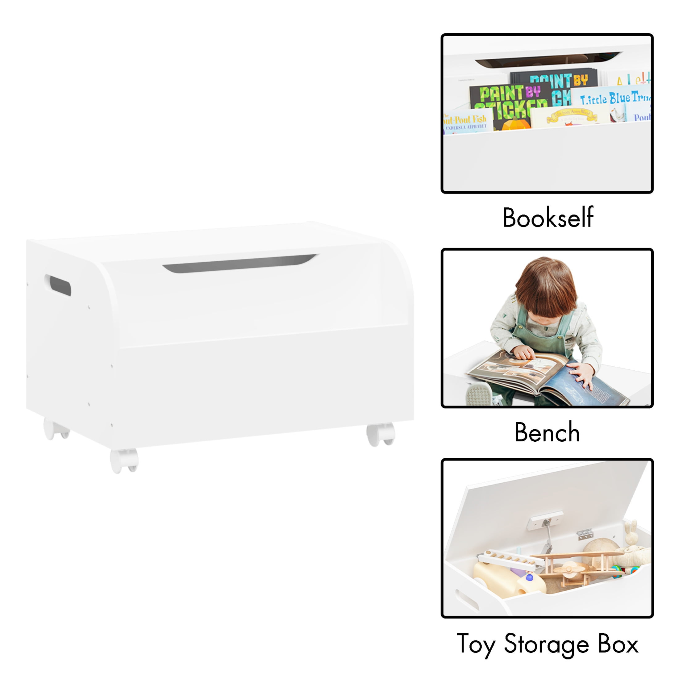 Noble House Rhoda Kids Wooden Toy Box with Wheels and Front Bookshelf, Flip-Top Storage Bench Chest, White