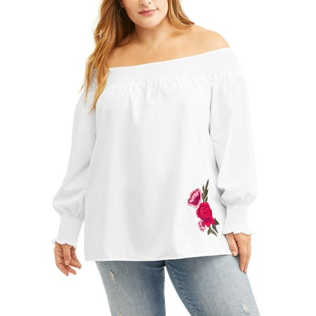 Juniors' Plus Smocked Off Shoulder Poplin Top with Embroidery
