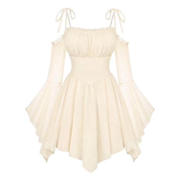 ZHOGXU Kids Summer Lightweight Girls Long Sleeve Beige Bodice Ruffled Tie Straps Princess Dress Nice For Party And Dance