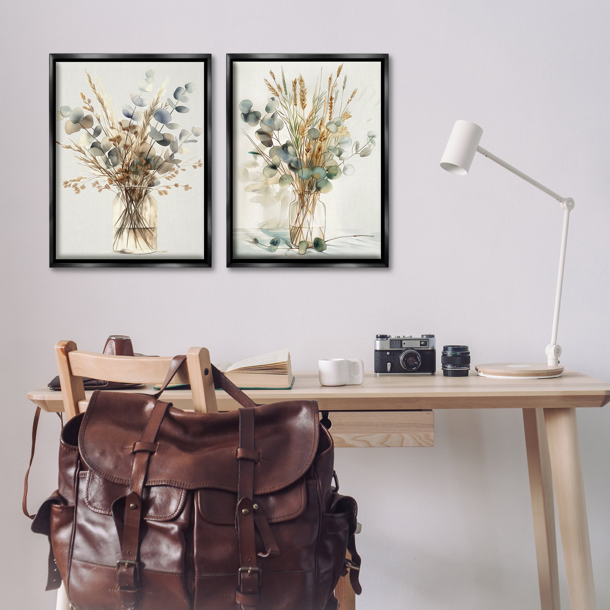 Stupell Industries Eucalyptus Jar Bouquets Plants & Flowers Painting Black Floater Framed Canvas Art Print Wall Art, 21 x 31, Set of 2