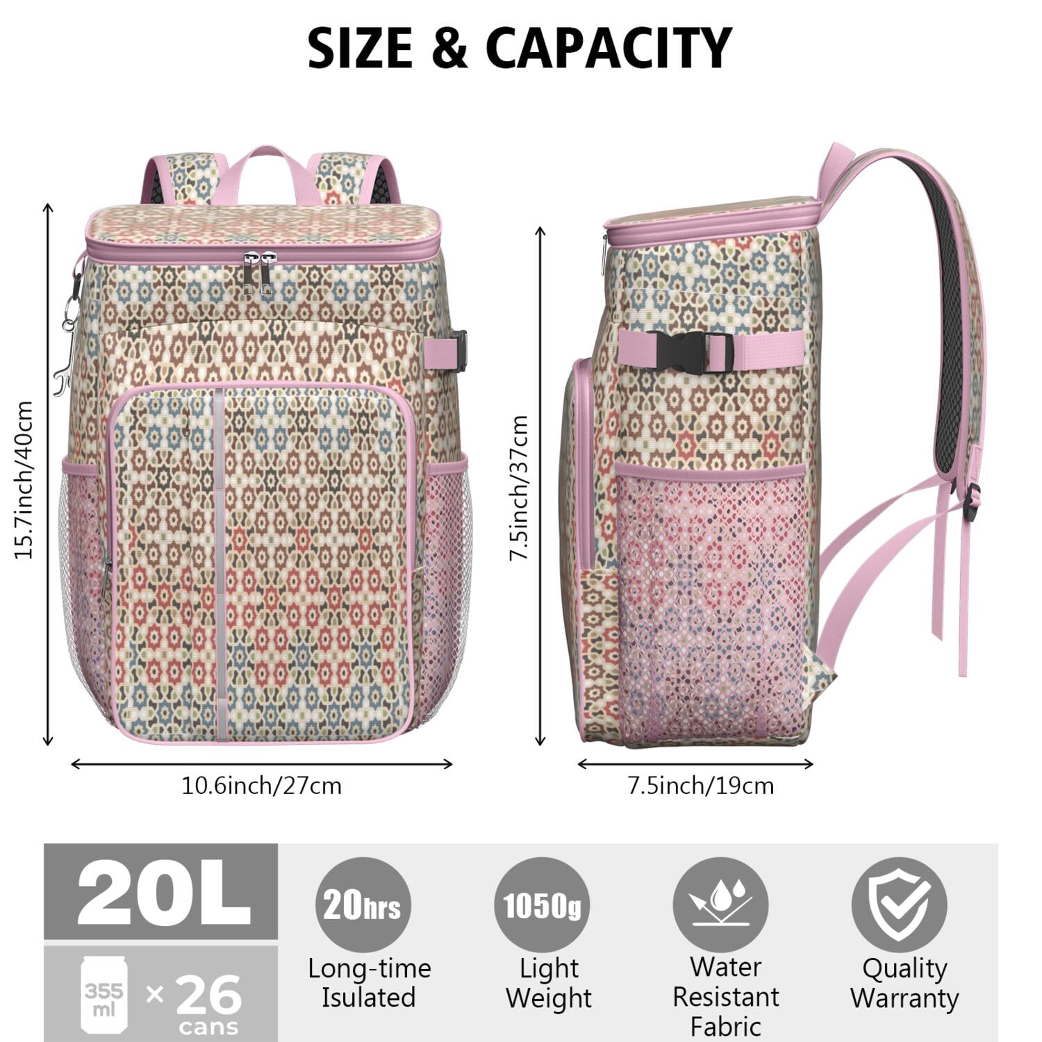 Travel Cooler Bag - Boho Bohemia Pioneer Flower Geometric Line Art Camping Beer Cooler Backpack with Bottle Opener- Waterproof Insulated Picnic Backpacks - Cooler Bag for Beach