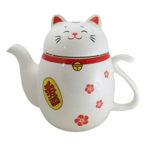 Japanese Maneki Neko Lucky Beckoning Cat Ceramic Tea Pot With Metal Strainer