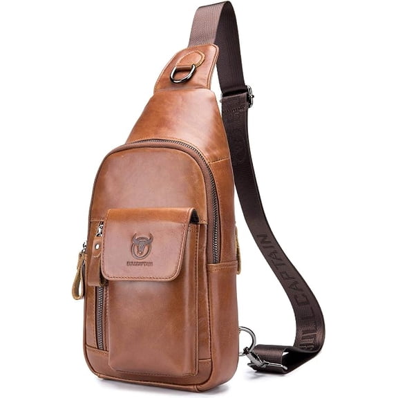 BULLCAPTAIN Mens Leather Crossbody Bag Shoulder Sling Bag Casual Daypacks Chest Bags for Travel Hiking Backpacks