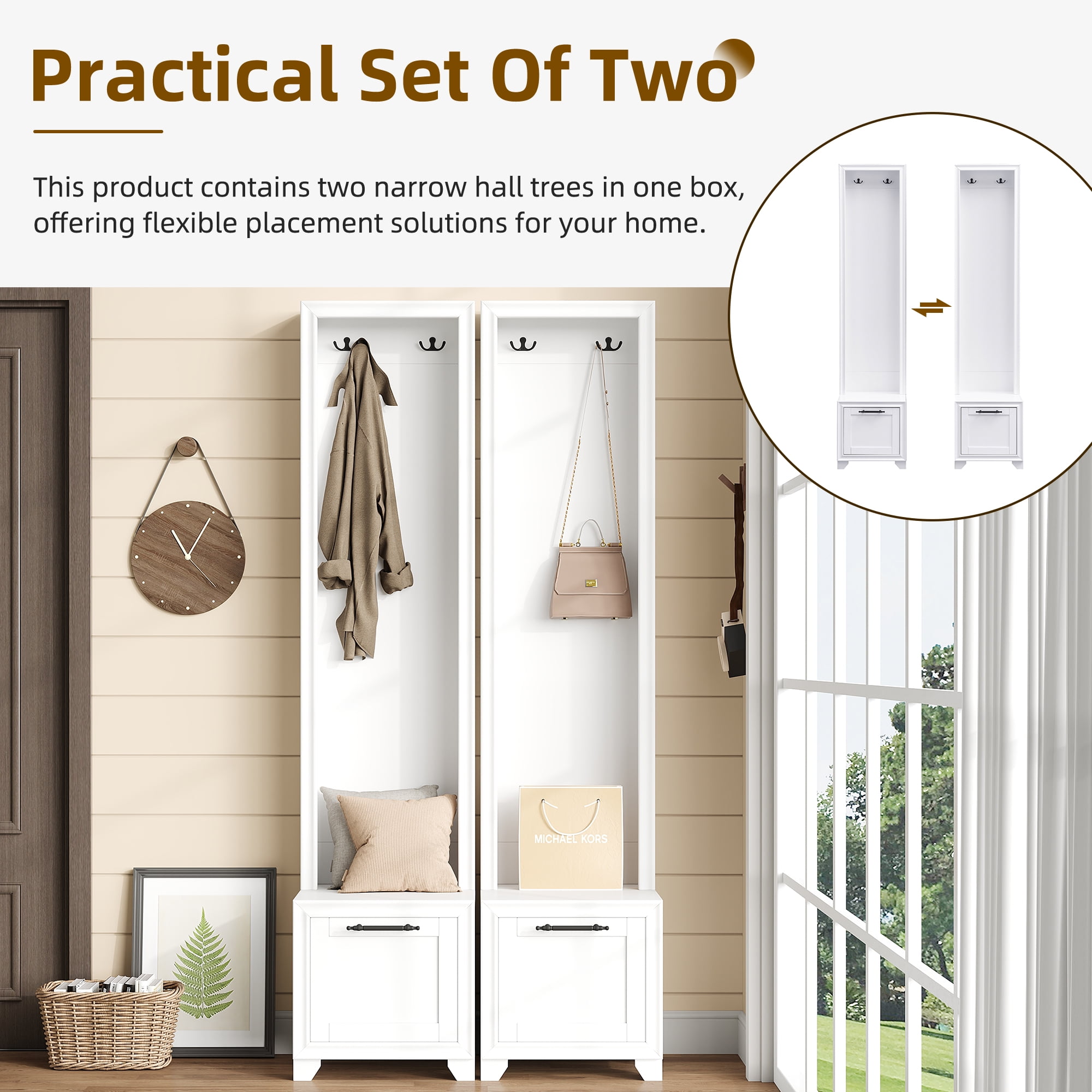 Euroco Elegant Free Standing Hall Tree Set of 2, 3-in-1 Entryway Coat Rack with Black Retro Handles, Bench with Storage Drawers for Hallway and Living Room
