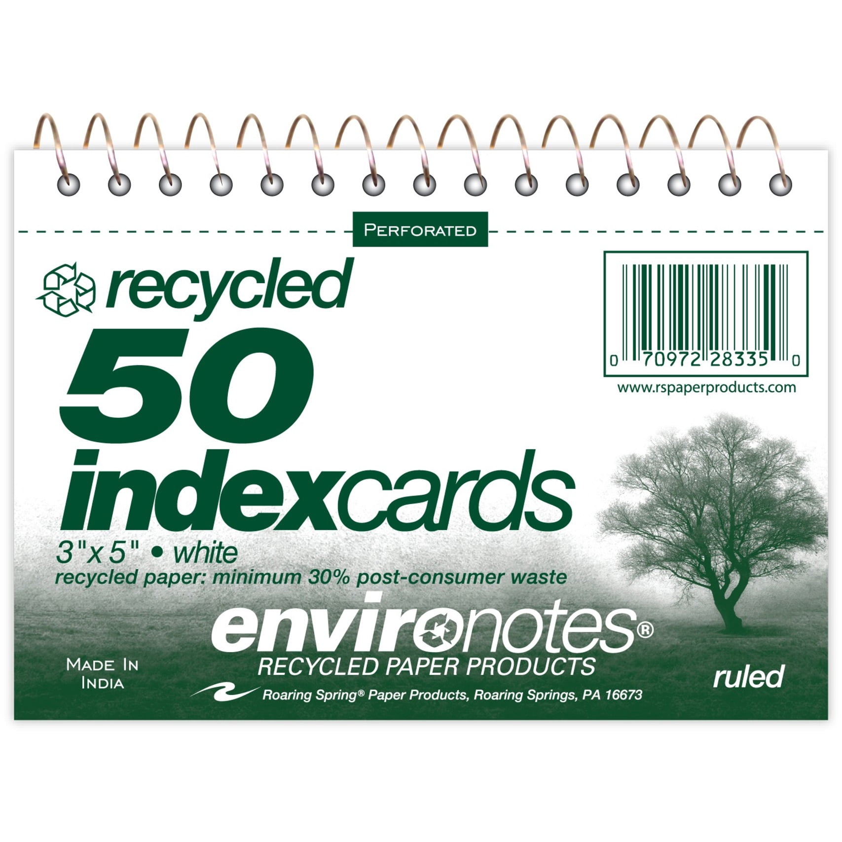 Roaring Spring Environotes Ruled Lined Perforated Spiralbound Recycled Index Cards, 1 Case (24 Total Books), 5" x 3.5" 50 Cards, White