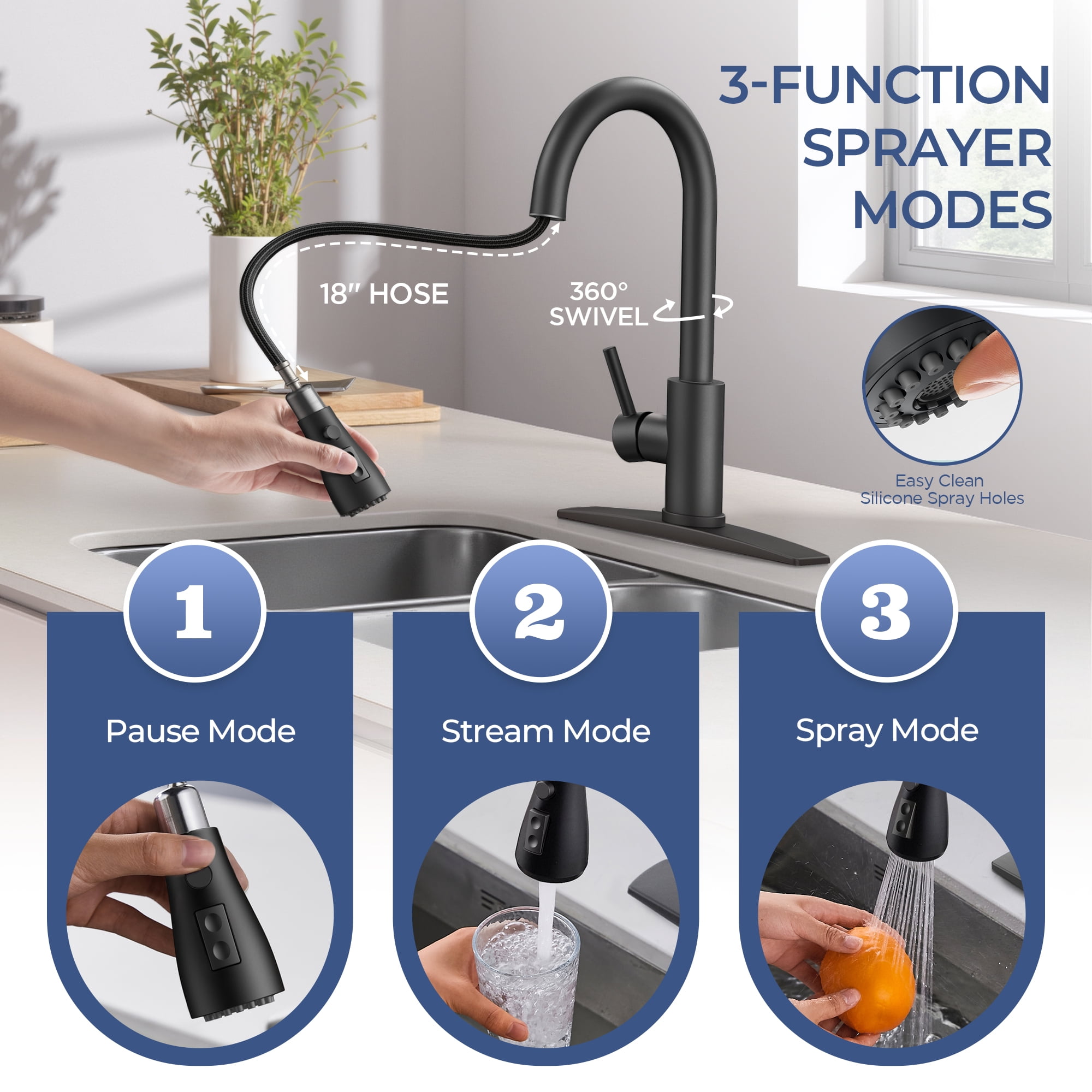 TVOFEK Kitchen Faucet with Pull Down Sprayer, Black Stainless Steel Kitchen Water Faucet with Deck Plate for 1 or 3 Hole, Single Handle Classic Faucets for RV Laundry Bar Camper