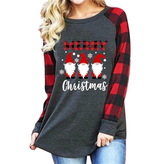 KimSoong Merry Christmas Shirts for Women Gnomes T-Shirt Lights Plaid Splicing Raglan Long Sleeve Tee Xmas Holiday Pullover Top