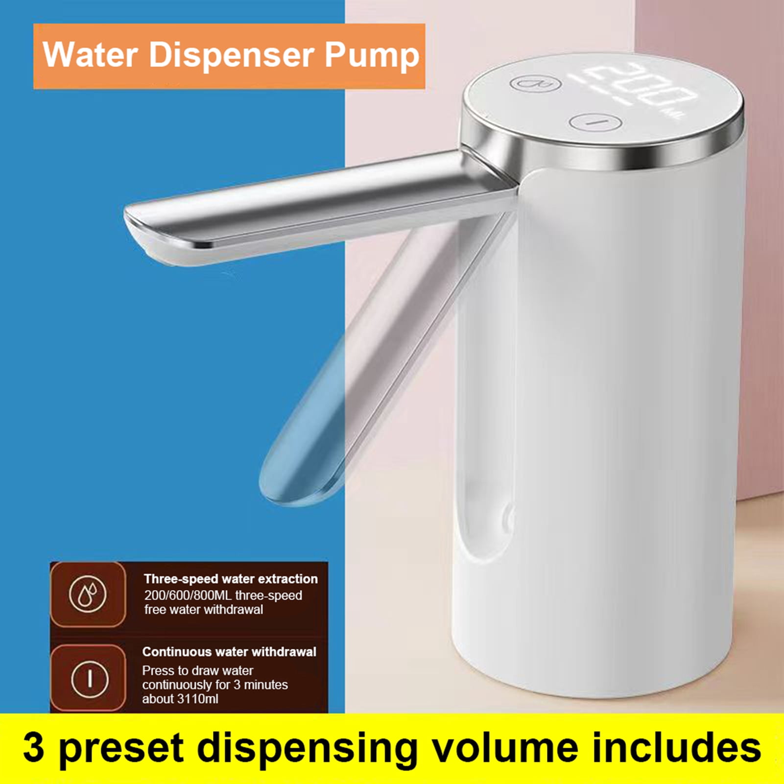 Nieyigj Automatic Water Dispenser for 5 Gallon Bottle, Smart Touch Electric Foldable Water Pump with USB Charging, Digital Display and Quantity Selection, Portable Countertop Jug Pump, White