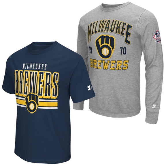 Men's Starter  Heather Gray/Navy Milwaukee Brewers Two-Pack Long Sleeve & Short Sleeve T-Shirt Set