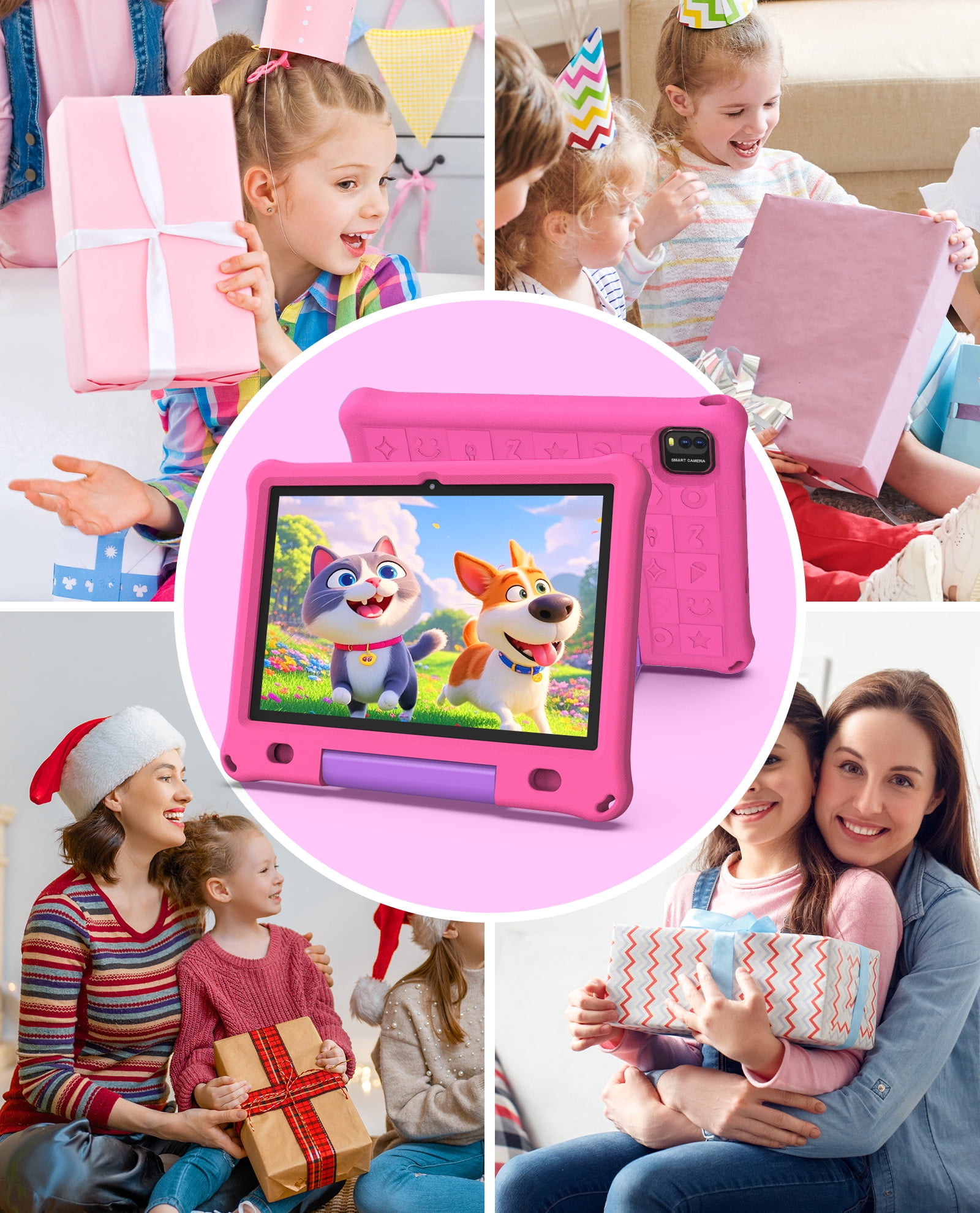 FITIFUN 10.1 inch Kids Tablet Android 15, 3GB RAM 64GB ROM 1TB Expand, Quad-Core, 5G/2.4G WiFi, 6000mAh, HD Display, Parental Control, Pink