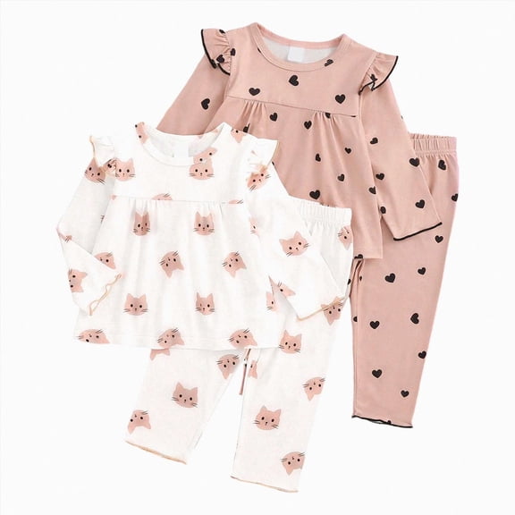 KPOPLK 2 Pack Toddler Girl Clothes Fall Winter Outfit Sets 6 9 12 18 Months 2T 3T Long Sleeve Flannel Sweatshirt Pants Sets Kids Clothing Sets Size 6-9 Months