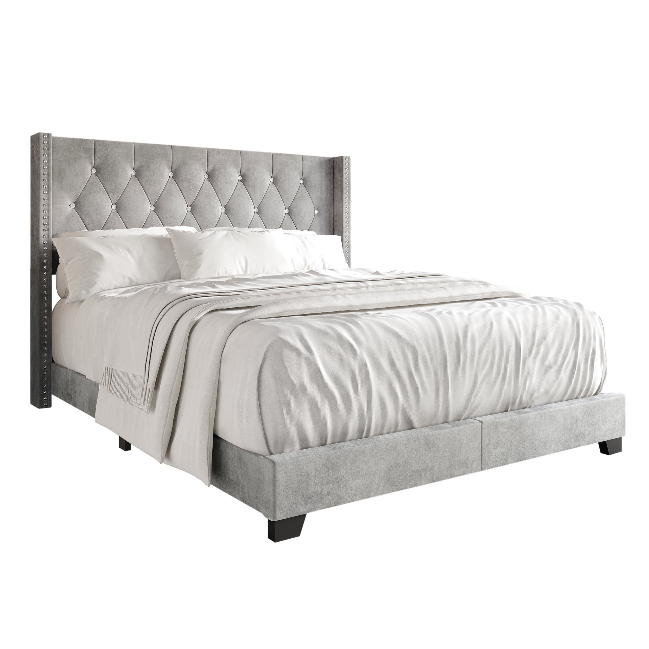 Castle Place Nailhead Trim Wingback Upholstered Bed, Silver Grey Velvet, King