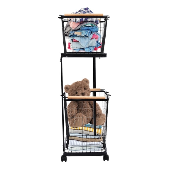 Laundry Basket, 2 Tiers Removable Laundry Baskets Cart Load Bearing Capacity of 88.18 lbs Metal Laundry Basket With 2 Removable Baskets and 4 Universal Wheels for Kitchens Bathrooms Bedrooms