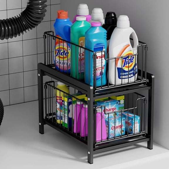 MY 2 Tier Sliding Basket Drawer Organizer, Lxmons Pull Out Under Sink Cabinets Organizers, Metal Home Shelf for Bathroom or Kitchen, Sliding Countertop or Pantry Storage Shelf, Large Black