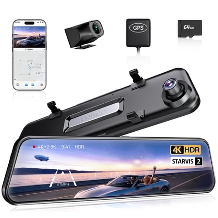 Pelsee 4K+2.5K Mirror Dash Cam with Front Starvis 2 IMX678 & Rear IMX335, 12" Rear View Mirror Camera, Color Night Vision, 5.8GHz WiFi, ADAS & BSD, Included OBD Hardwire Kit, 128GB Card, P12 Pro Max