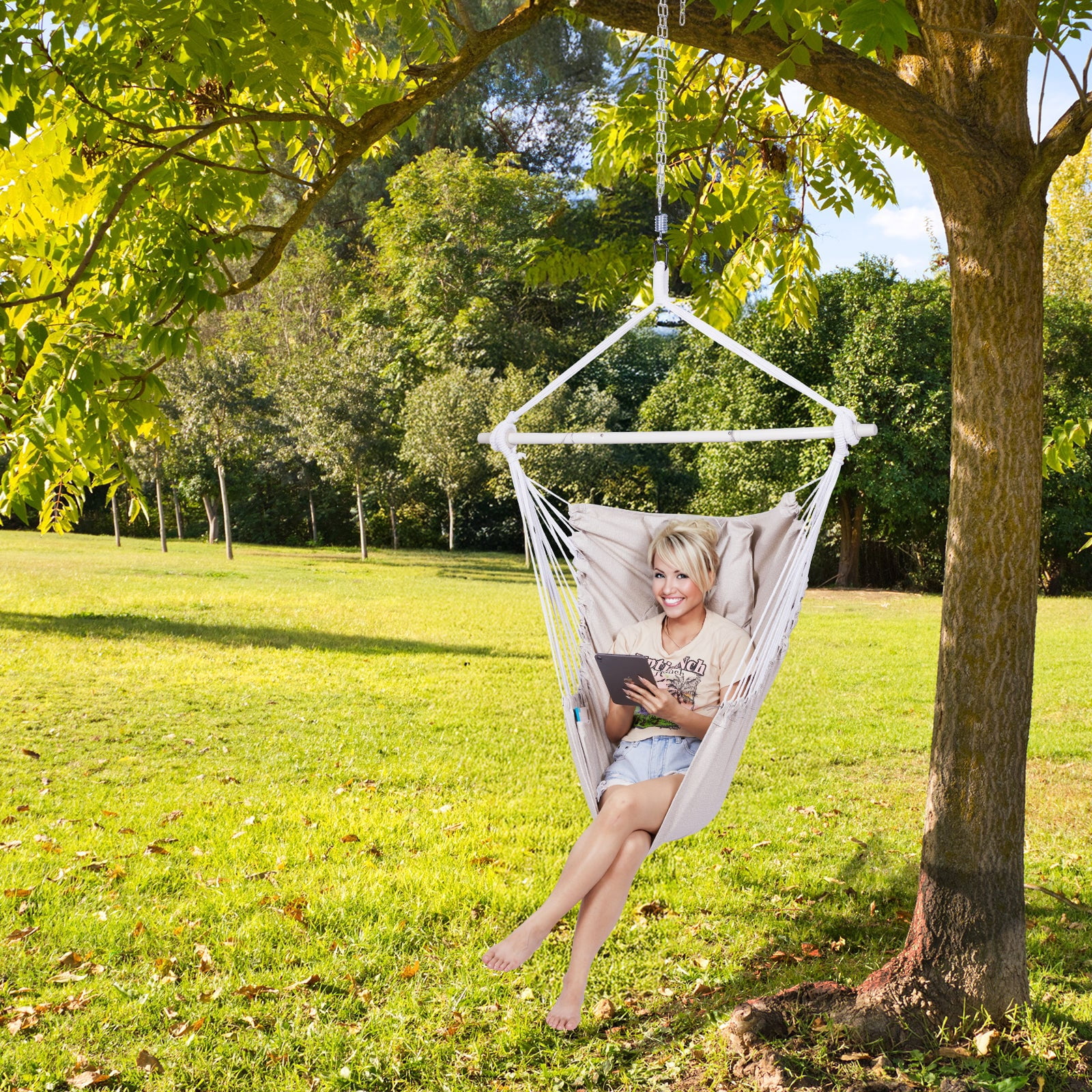 Backyard Expressions Hammock Chair Hanging Rope Swing Chair, 2 Pillows, Anti Slip Steel Spreader Bar