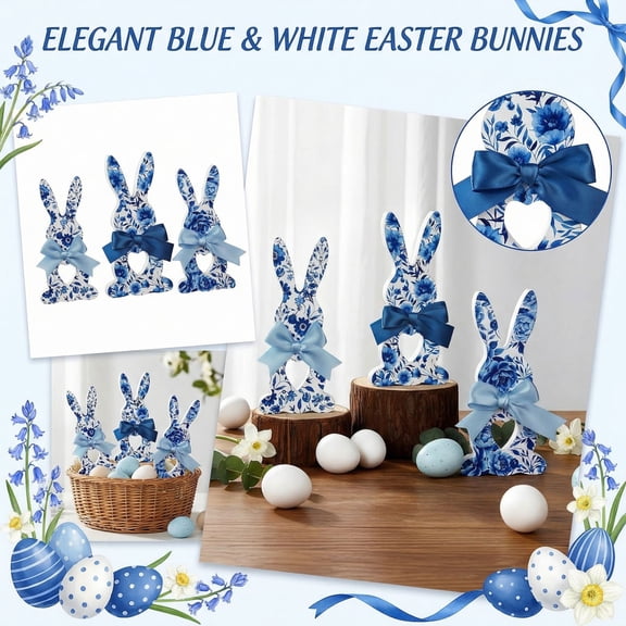 Blue Home decor, Farmhouse Easter decorations, Bunny decorations, 12 in, Solid Wood Cutouts, Chinoiserie Pattern, 3 Set, Satin Bow, Blue Easter decor, Spring Holiday Display