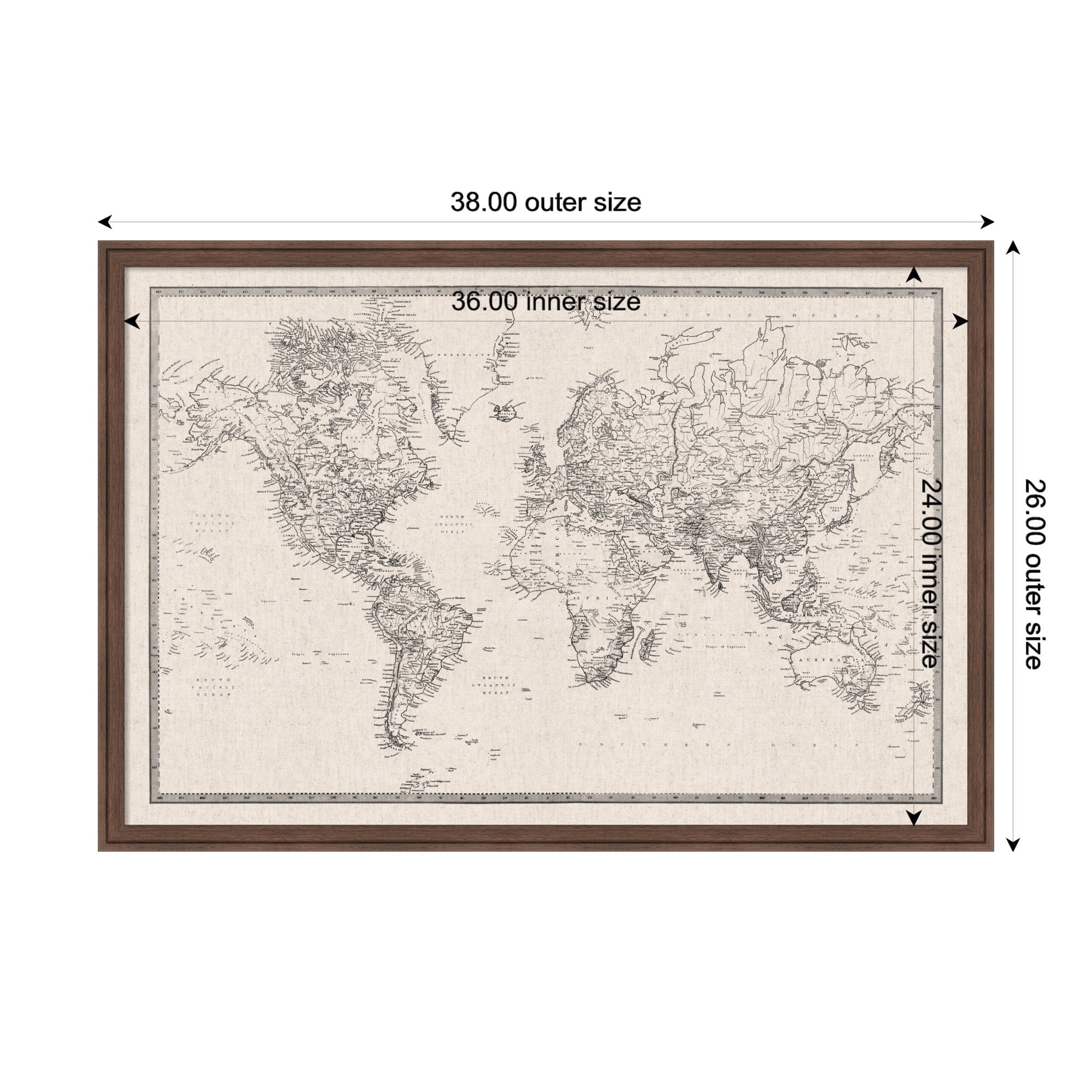 Kate and Laurel Framed Fabric Pinboard 38 x 26, Vintage Black and White Linen World Map Printed Linen Classic Bulletin Board for Use as Wall Organization, Florence Medium Brown Frame