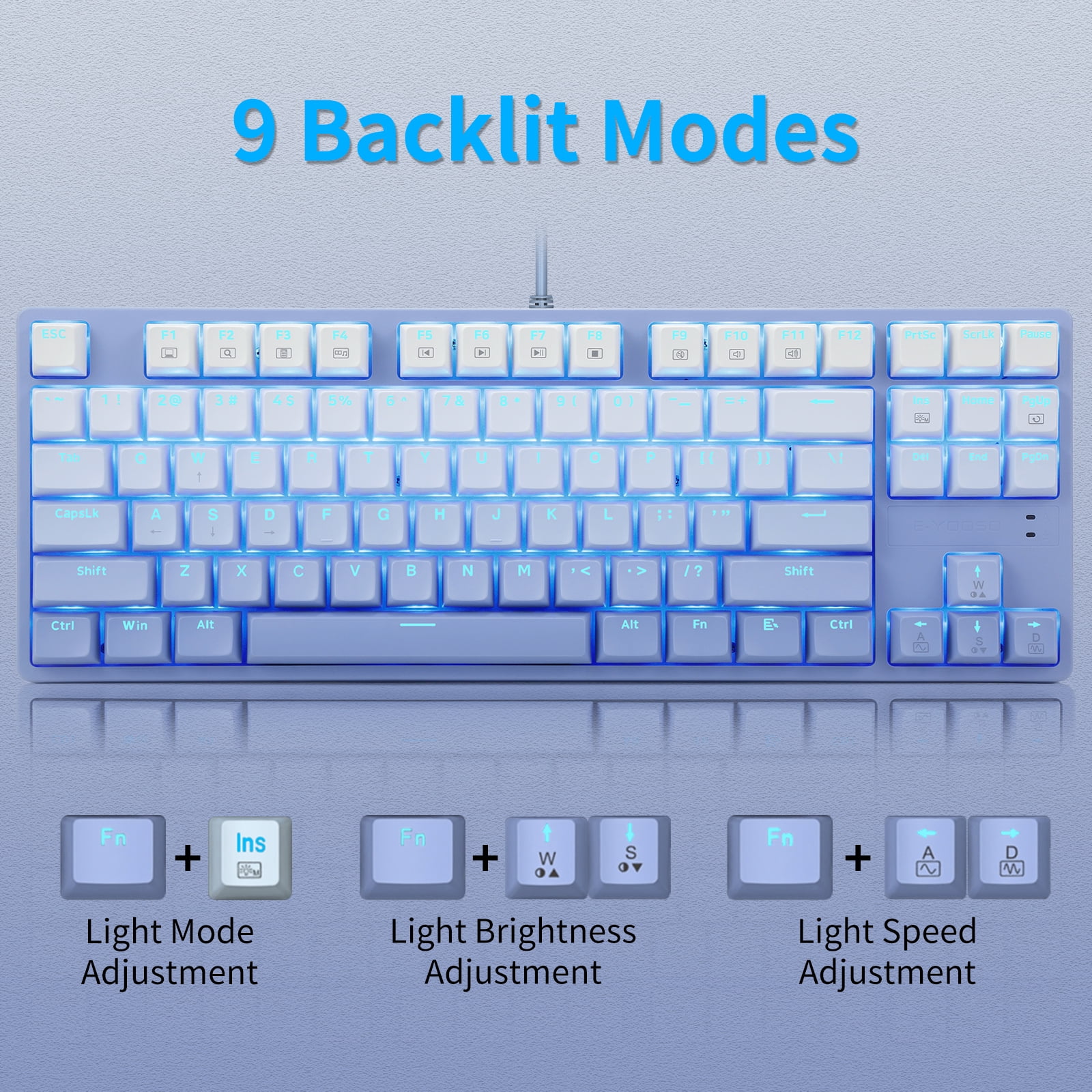 E-YOOSO Mechanical Gaming Keyboard with Gradient Blue Keycaps Red Switches LED Backlit Wired 87 Key Tenkeyness for Windows PC