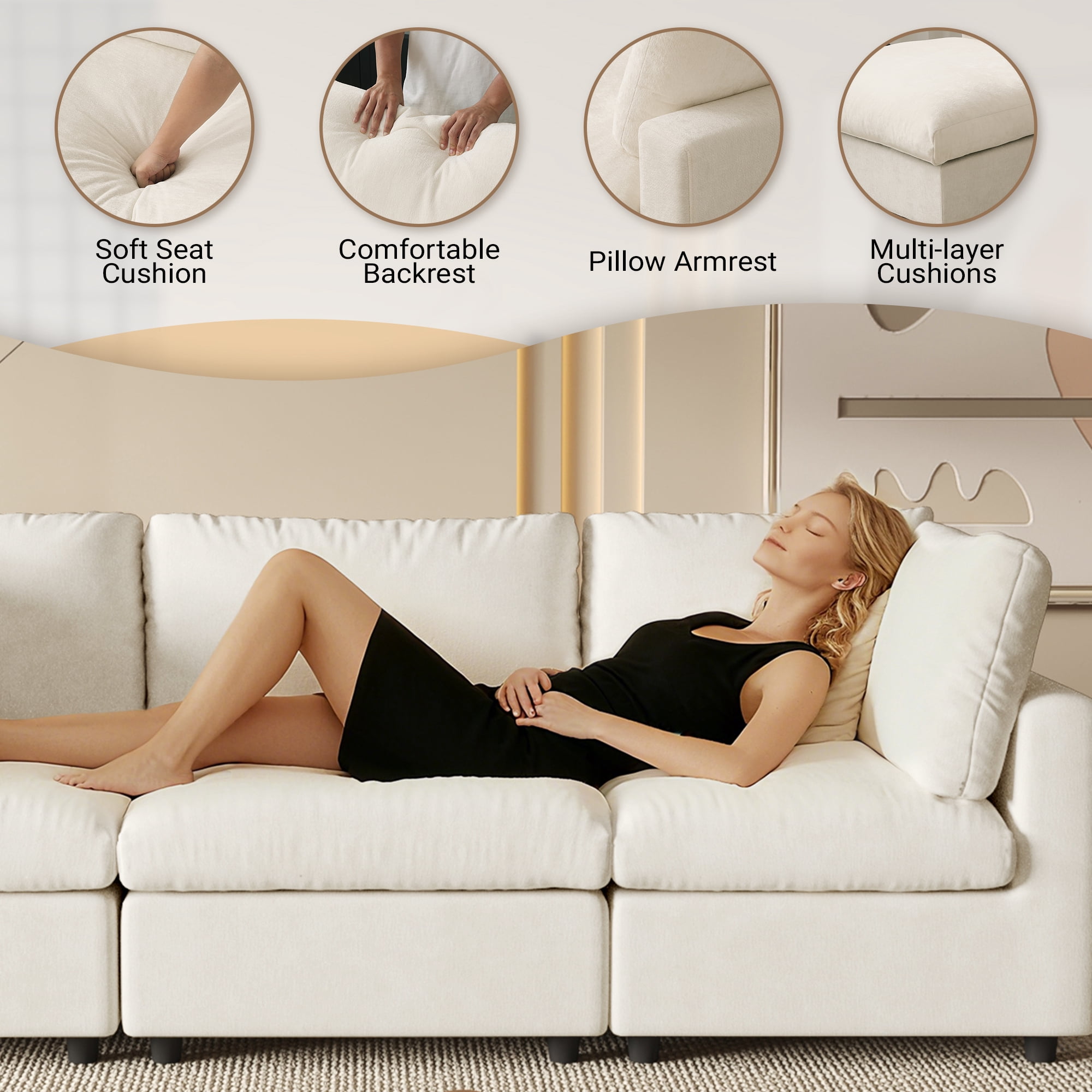 Magic Home Modular Sectional Sofa, Modern Chenille L Shaped Cloud Couches Beige Couch for Living Room, Apartment, Office, 4-Seat, Beige