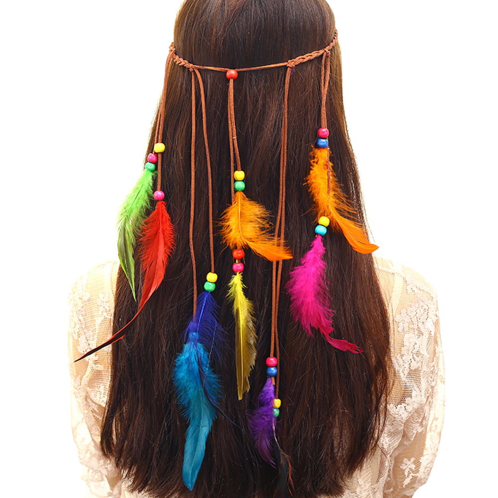 Lady Hippie Indian Feather Headband Boho Weave Hairband Hair Accessories Costume 