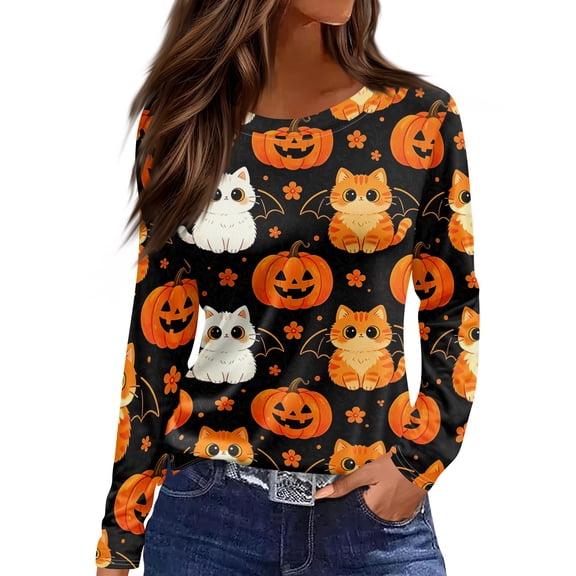 Garbnen Long Sleeve Halloween Shirts for Women Funny Pumpkin Ghost Spooky Graphic Tshirts for Women Loose Fit Cute Holiday Womens Pullover Tops Orange S