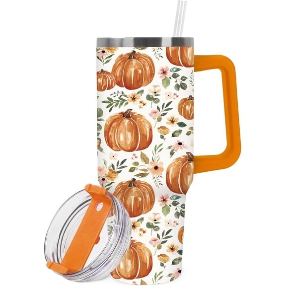 Fall Tumbler with Handle 40oz Orange Pumpkin Green Leaves Tumbler with Lid Straw Watercolor Stainless Steel Cup for Autumn Thanksgiving Home Office Travel