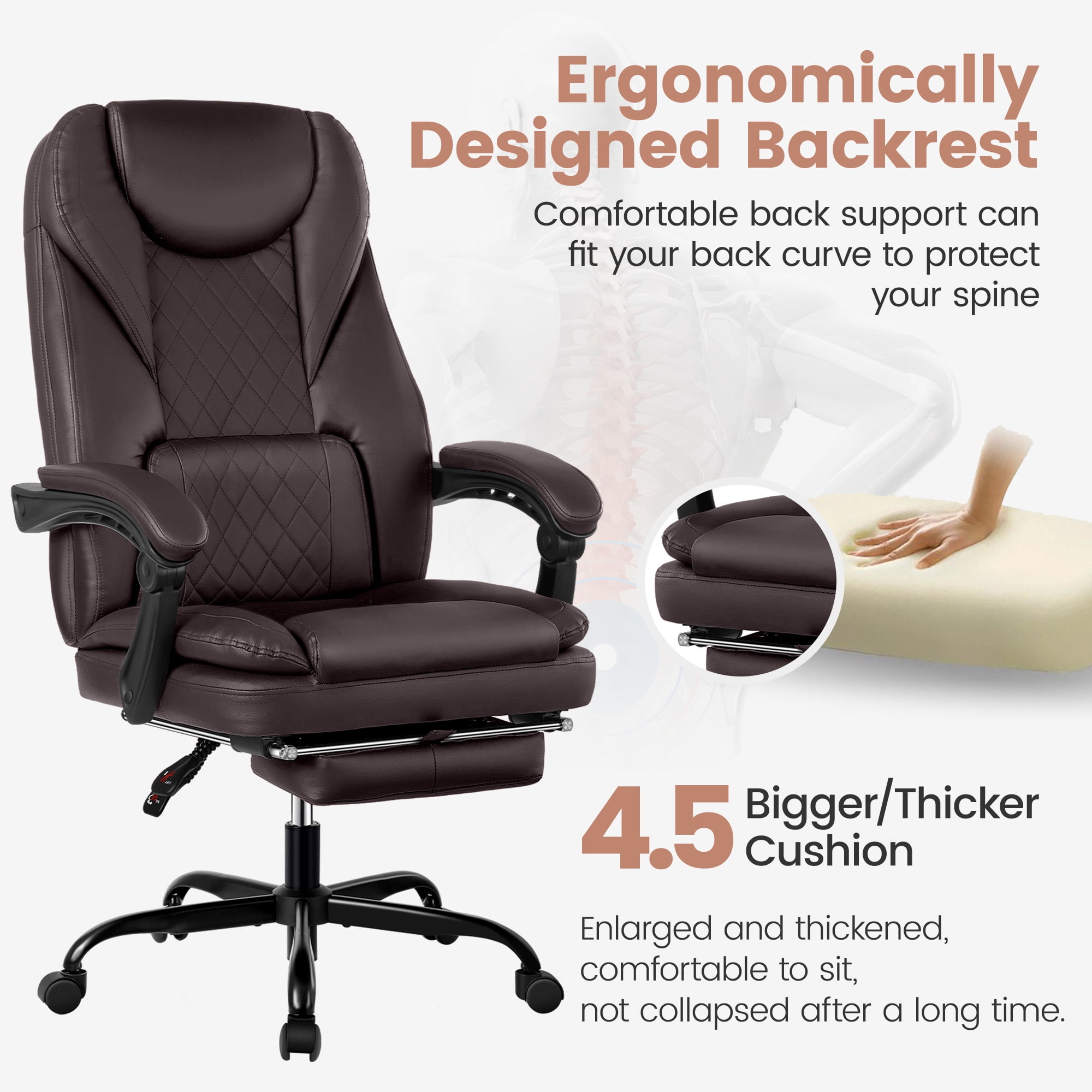 COOLHUT Executive Office Chair, Big and Tall Office Chair with Footrest Reclining Faux Leather Chair High Back Lumbar Support Ergonomic Office Chair with Padded Armrests, Coffee